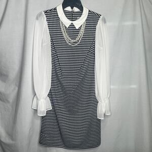 Shelby & Palmer Houndstooth Black White Sheer Sleeve Dress 6